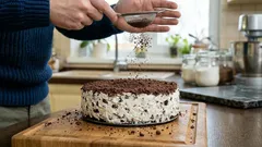 Schokoladentorte ohne Backen mit leichtem Rahm und Kakaostreuseln, die der ganzen Familie schmeckt